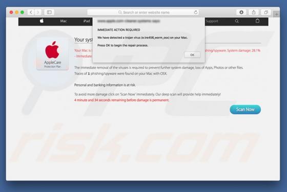 POP-UP da fraude Virus Found Apple Message (Mac)