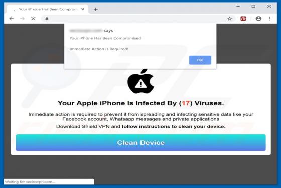 POP-UP da fraude Your Apple iPhone Is Infected By (17) Viruses (Mac)