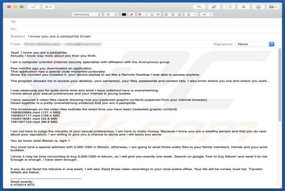 Fraude de E-mail I Know You Are A Pedophile