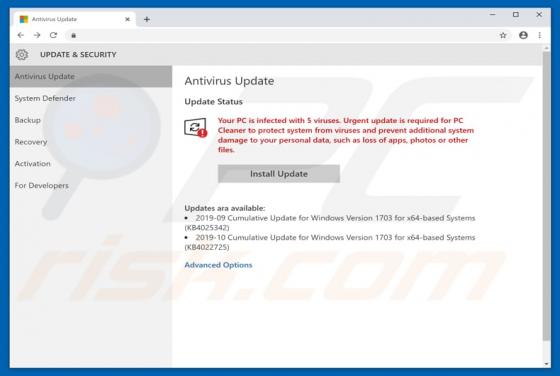 POP-UP da fraude Your PC Is Infected With 5 Viruses