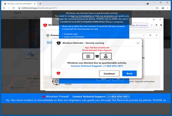 POP-UP da fraude Windows Was Blocked Due To Questionable Activity
