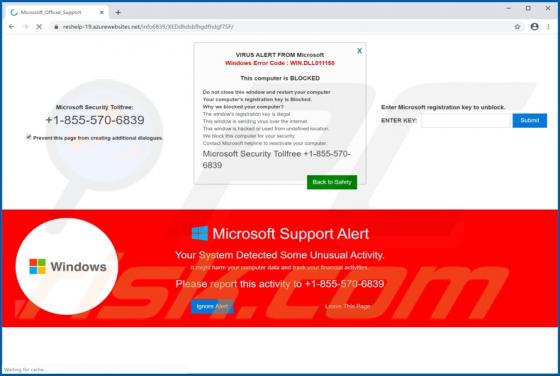 POP-UP da fraude WIN.DLL011150 Error